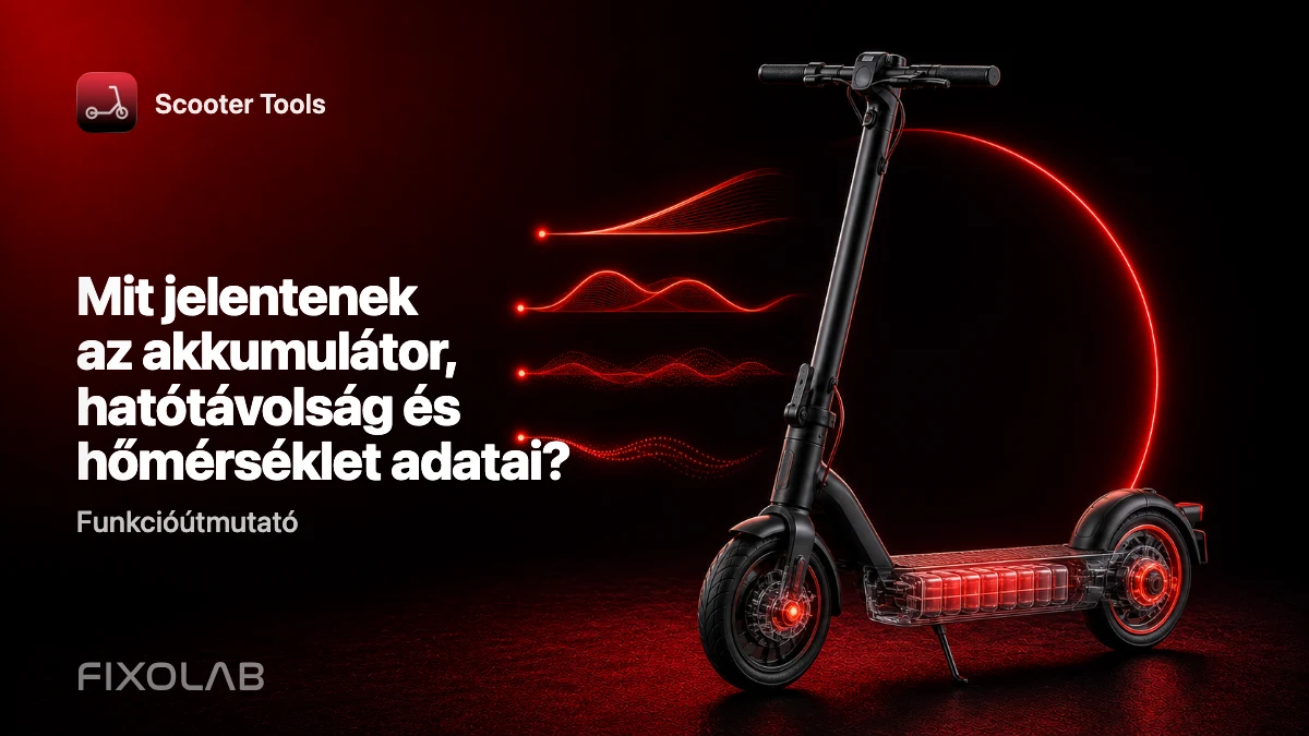 Az akkumulátor, hatótávolság, hőmérséklet és megtett táv leolvasása a Scooter Toolsban Az akkumulátor, hatótávolság, hőmérséklet és megtett táv leolvasása a Scooter Toolsban